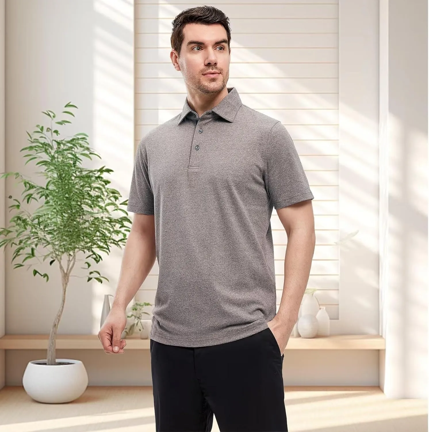 VEBOON Men's Polo Shirts Long and Short Sleeve Cotton Blend Heather Moisture Wicking Casual Collared Shirts