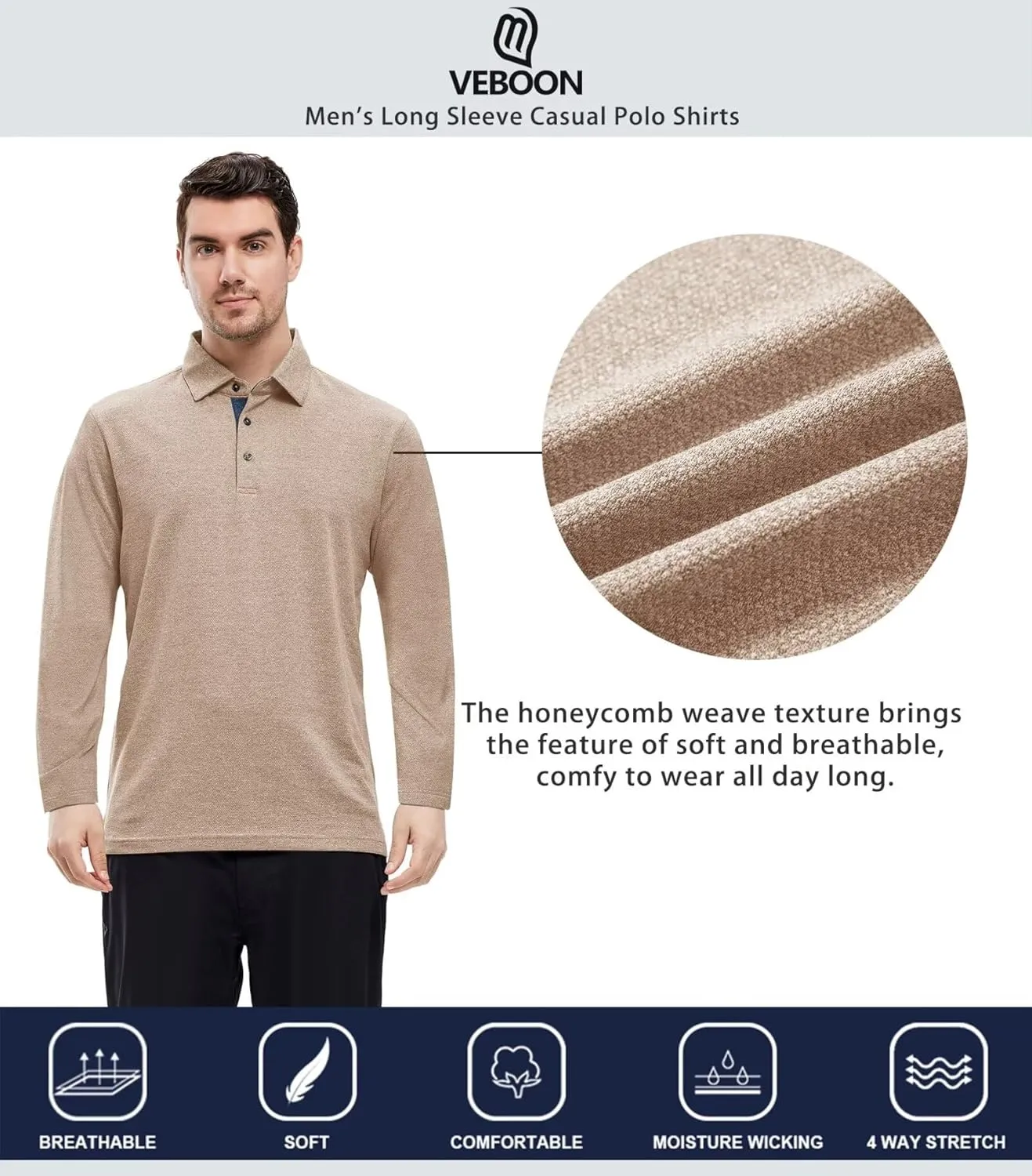 VEBOON Men's Polo Shirts Long and Short Sleeve Cotton Blend Heather Moisture Wicking Casual Collared Shirts