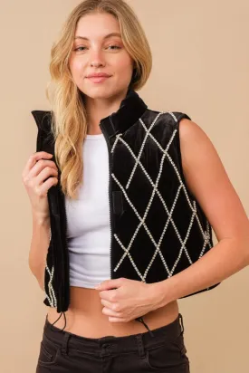 Velvet Quilted Rhinestone Embellished Crop Vest Black