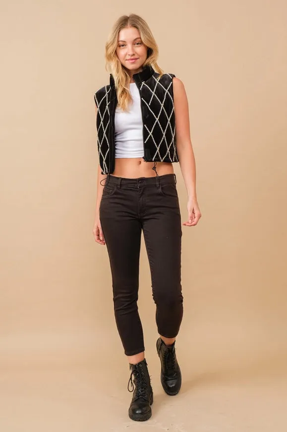 Velvet Quilted Rhinestone Embellished Crop Vest Black