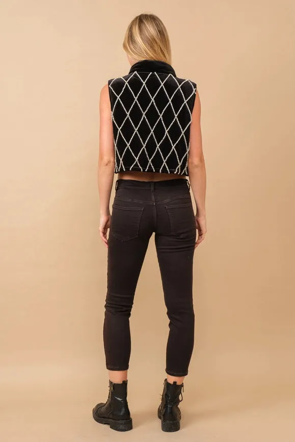 Velvet Quilted Rhinestone Embellished Crop Vest Black