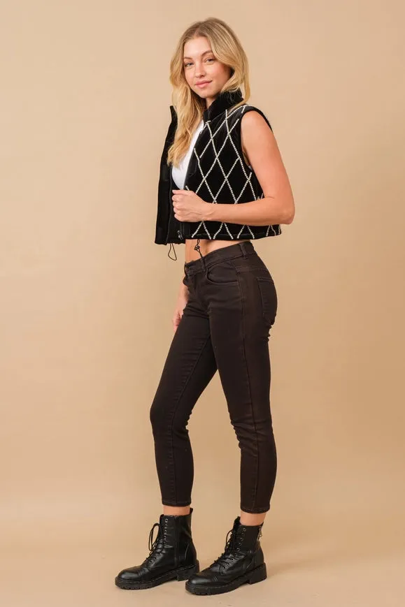 Velvet Quilted Rhinestone Embellished Crop Vest Black