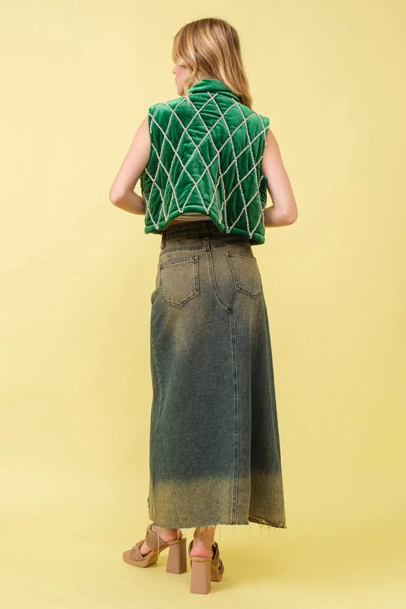 Velvet Quilted Rhinestone Embellished Crop Vest Green
