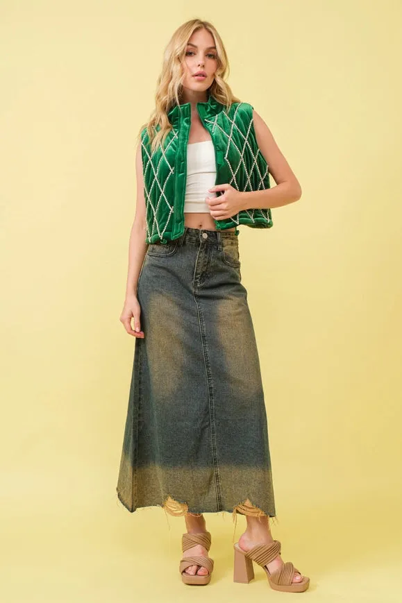 Velvet Quilted Rhinestone Embellished Crop Vest Green