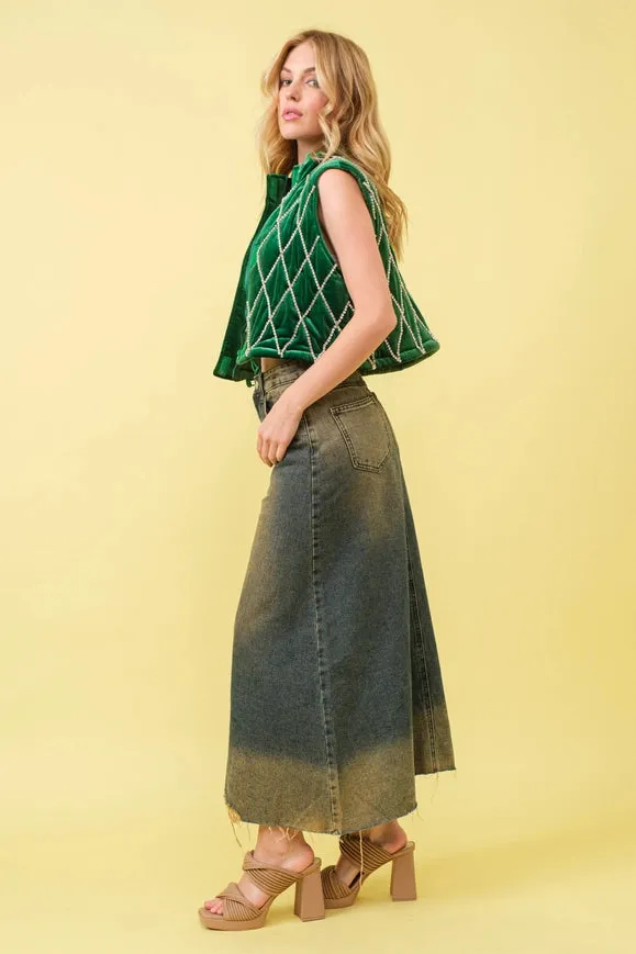 Velvet Quilted Rhinestone Embellished Crop Vest Green