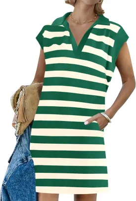 Wenrine Womens Striped Summer Mini Dress Casual Cap Sleeve Polo V Neck T Shirt Dresses with Pockets