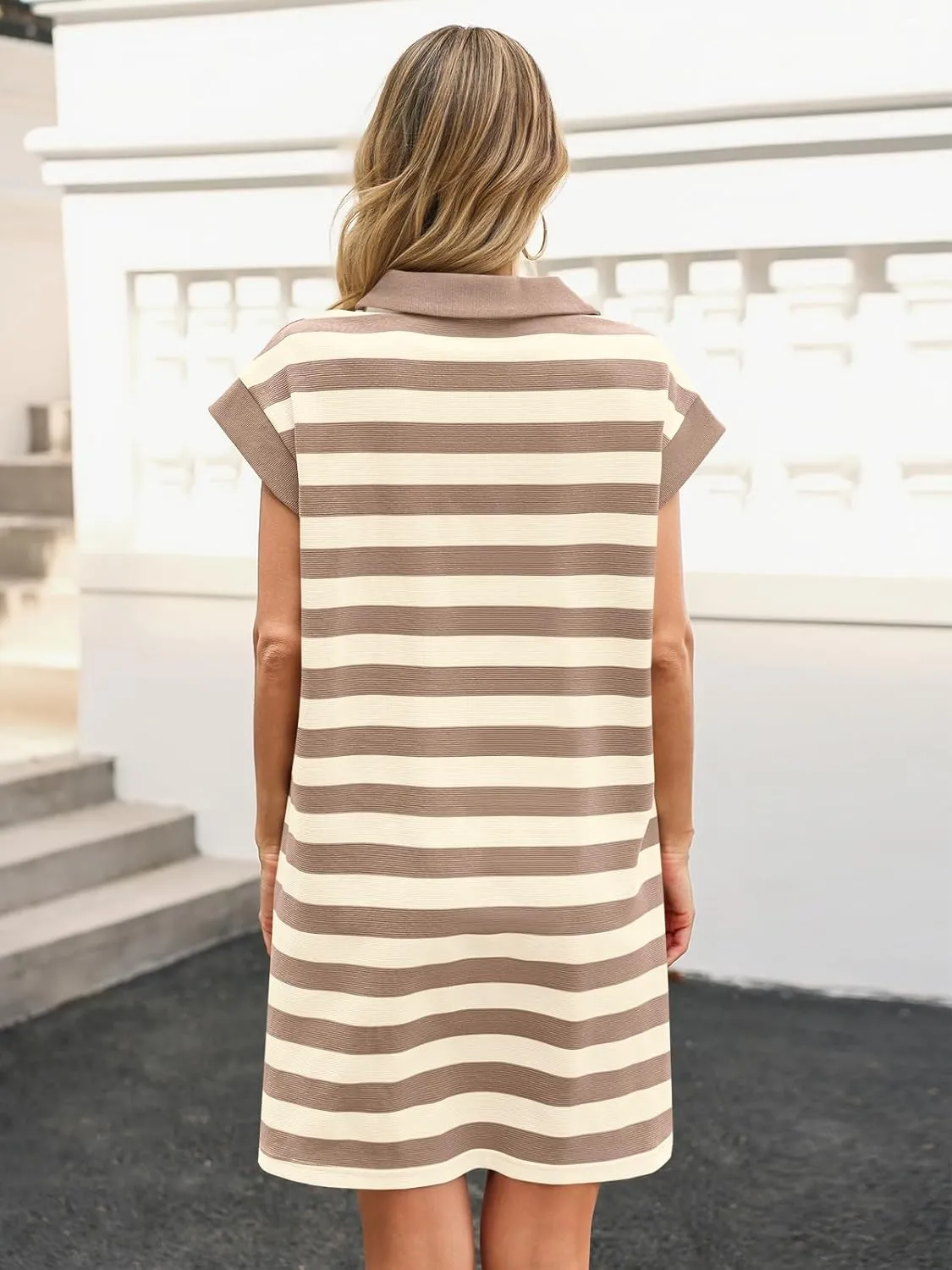 Wenrine Womens Striped Summer Mini Dress Casual Cap Sleeve Polo V Neck T Shirt Dresses with Pockets