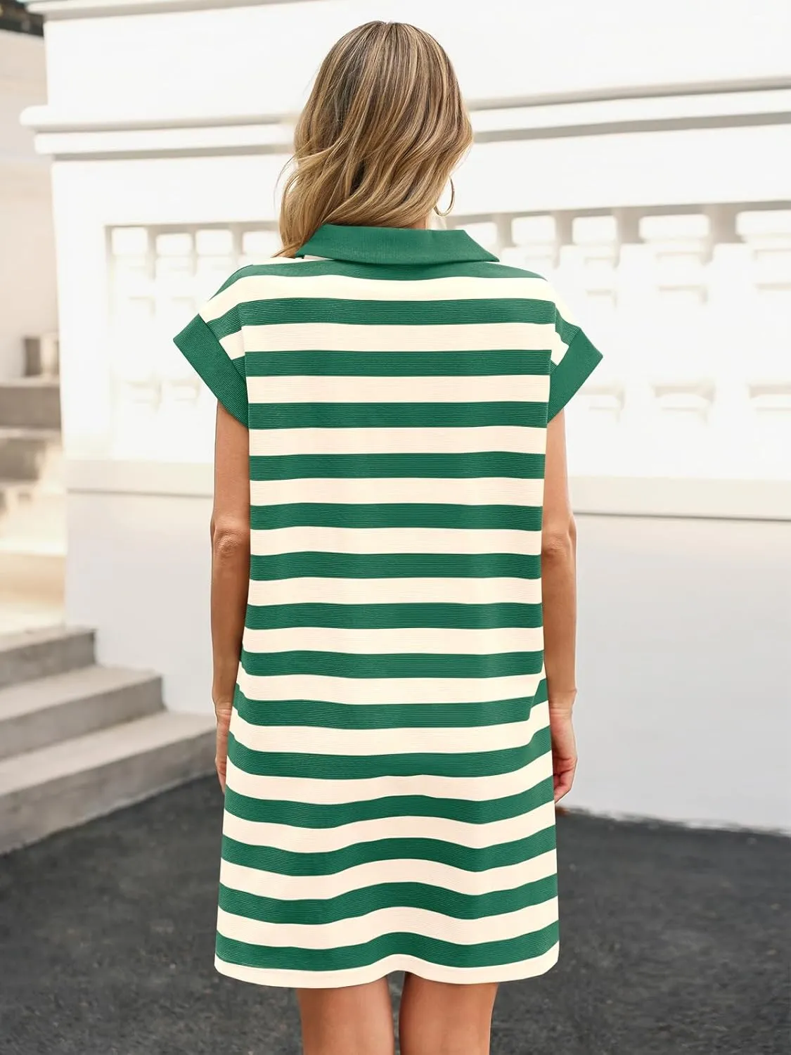 Wenrine Womens Striped Summer Mini Dress Casual Cap Sleeve Polo V Neck T Shirt Dresses with Pockets