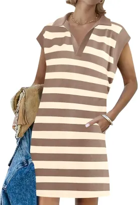 Wenrine Womens Striped Summer Mini Dress Casual Cap Sleeve Polo V Neck T Shirt Dresses with Pockets