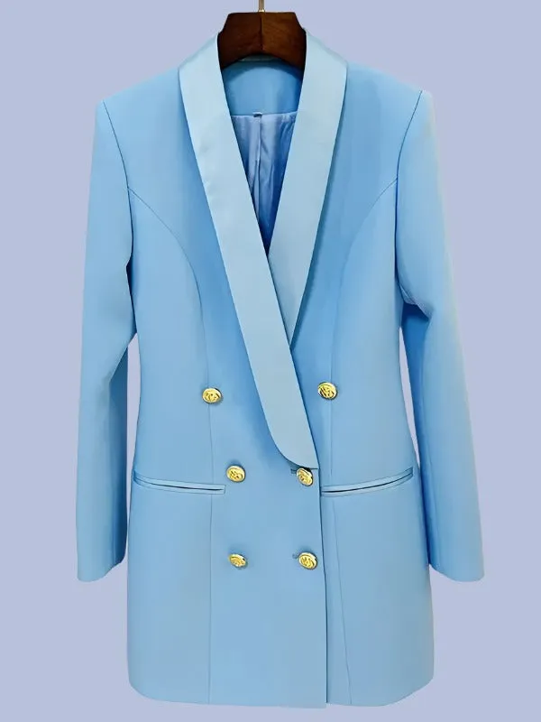 Women Blazer Satin Double Breasted Notched Collar