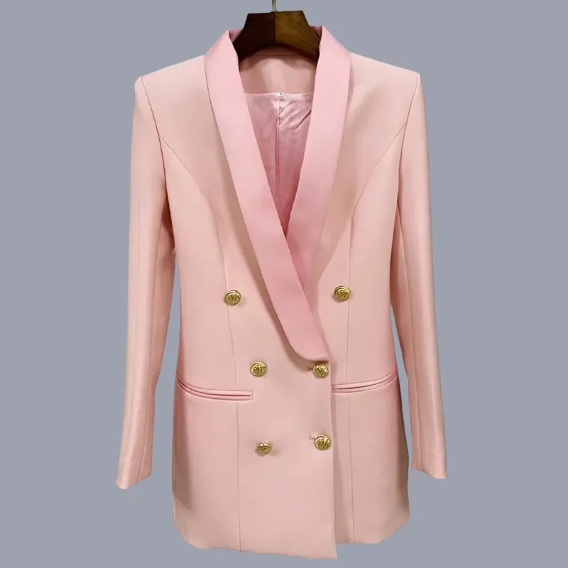 Women Blazer Satin Double Breasted Notched Collar