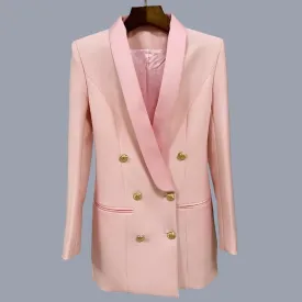 Women Blazer Satin Double Breasted Notched Collar