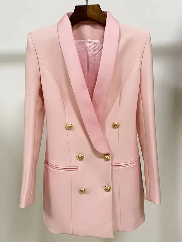 Women Blazer Satin Double Breasted Notched Collar