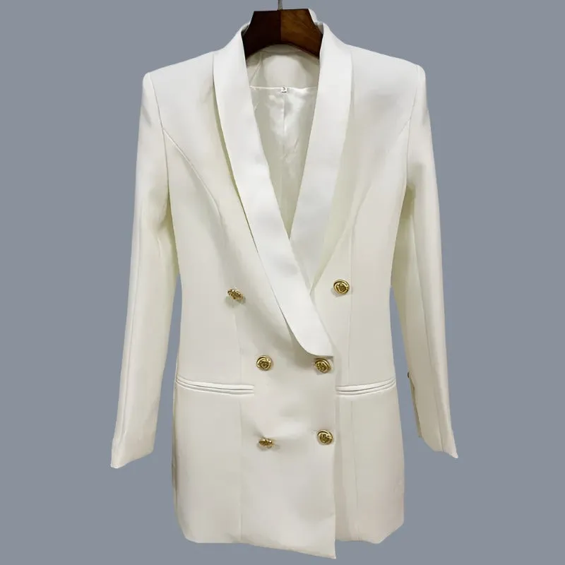 Women Blazer Satin Double Breasted Notched Collar