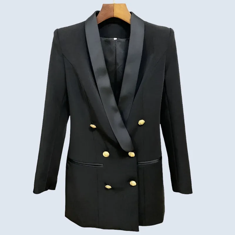 Women Blazer Satin Double Breasted Notched Collar