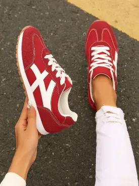 Women Plush Patchwork Lace-Up Front Thick Sports Shoes, New Lightweight Thick Sole Casual Sneakers,Outdoor Sports Style Student Shoes For Spring Autumn