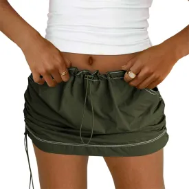 Womens Cargo Skirt Y2K - Casual Summer High Waisted Bodycon Pencil Ruched Mini Skirts Side Drawstring and Pockets