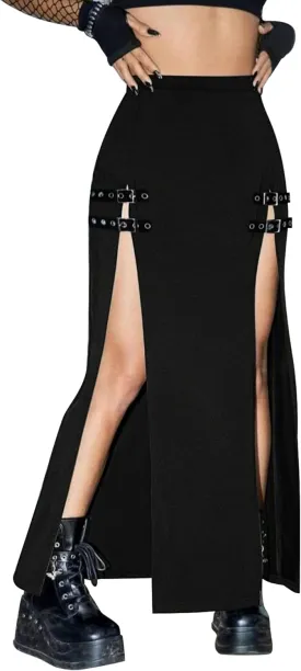 Women's Causal Gothic Maxi Skirt with Double Side Slits & Buckles for Party