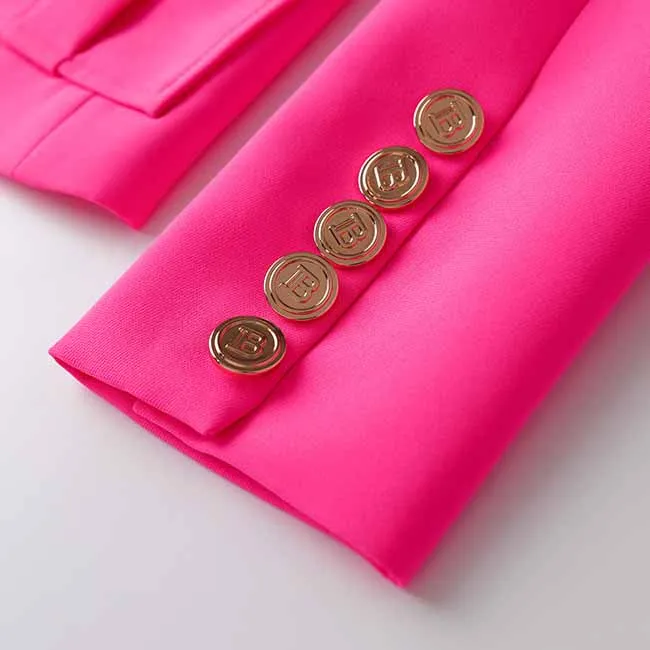 Women's Luxury Fitted Hot Pink Blazer Golden Lion Buttons Coat Belted Jacket