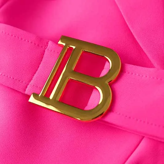 Women's Luxury Fitted Hot Pink Blazer Golden Lion Buttons Coat Belted Jacket