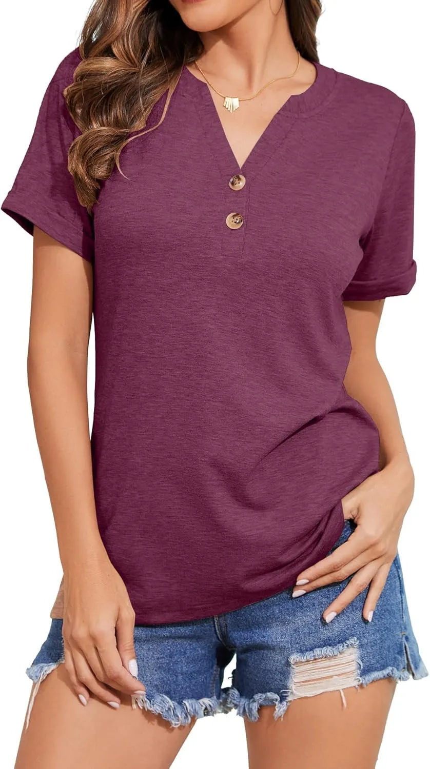 Womens Summer Shirts Short Sleeve Button Down V Neck Business Casual Tunic Tops Ladies Blouses Basic Tees