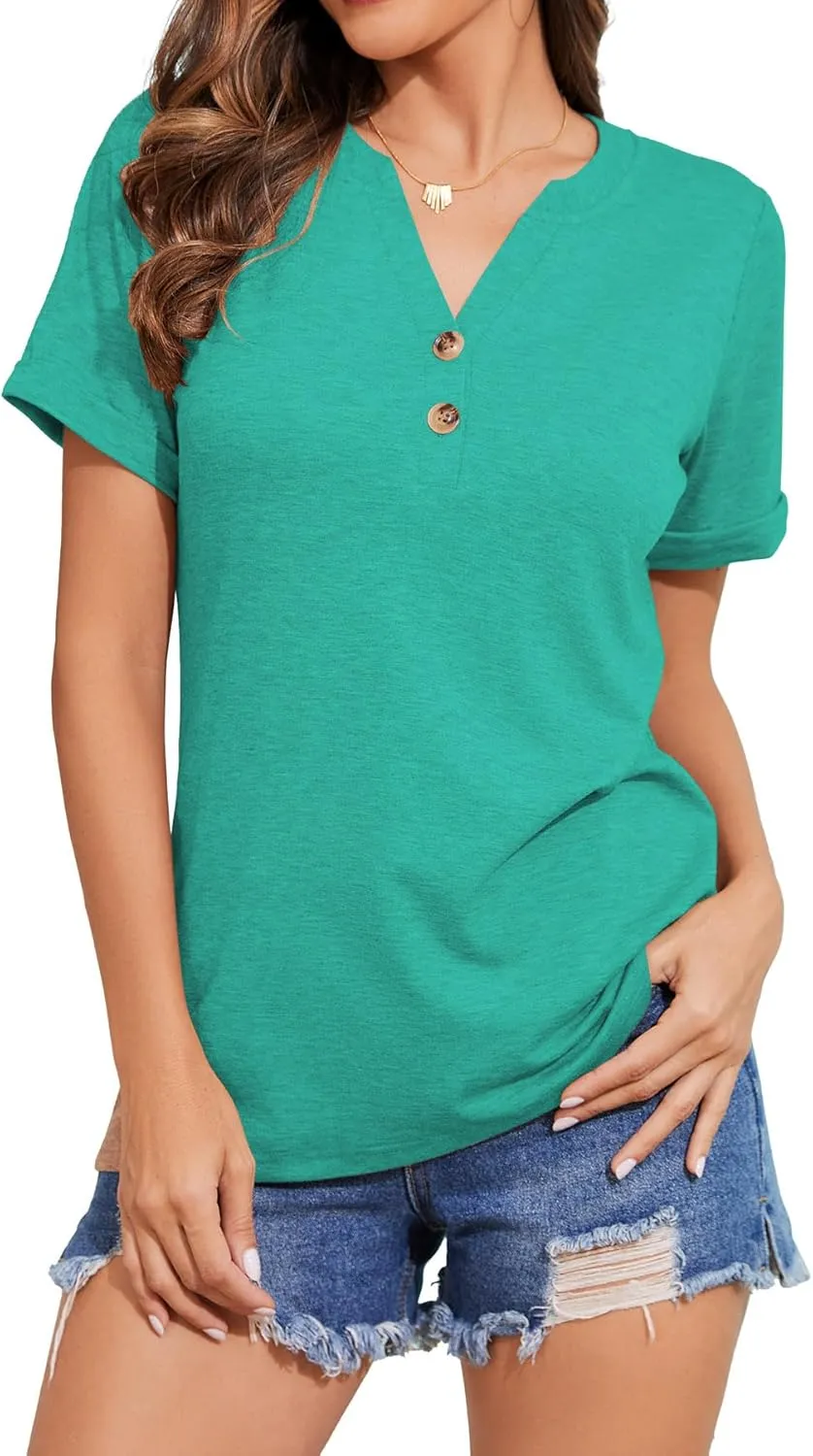 Womens Summer Shirts Short Sleeve Button Down V Neck Business Casual Tunic Tops Ladies Blouses Basic Tees