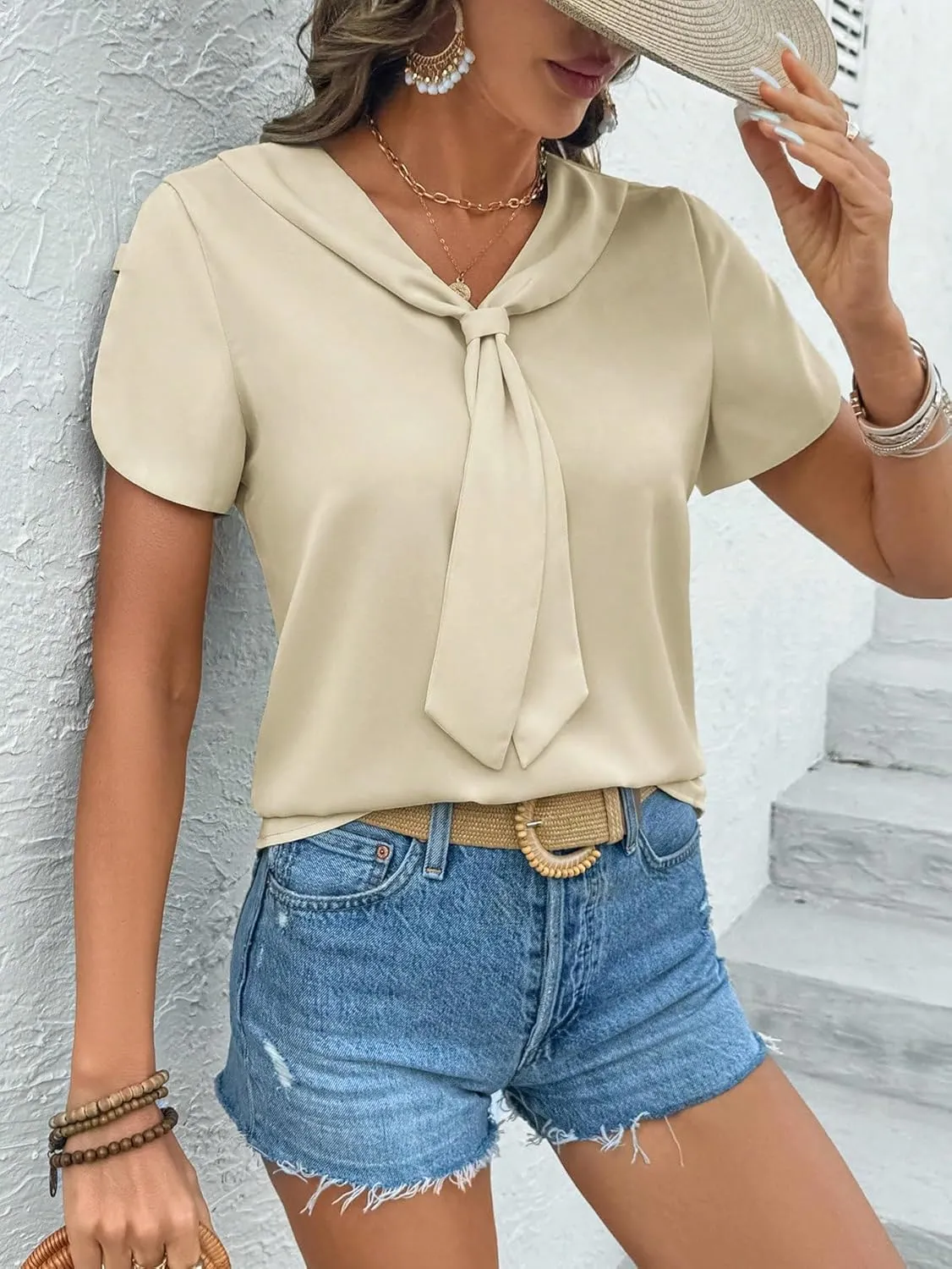 Women's Tie Neck Blouse Short Sleeve Top Elegant Pullover Shirt with Split Sleeves for Office Work Date