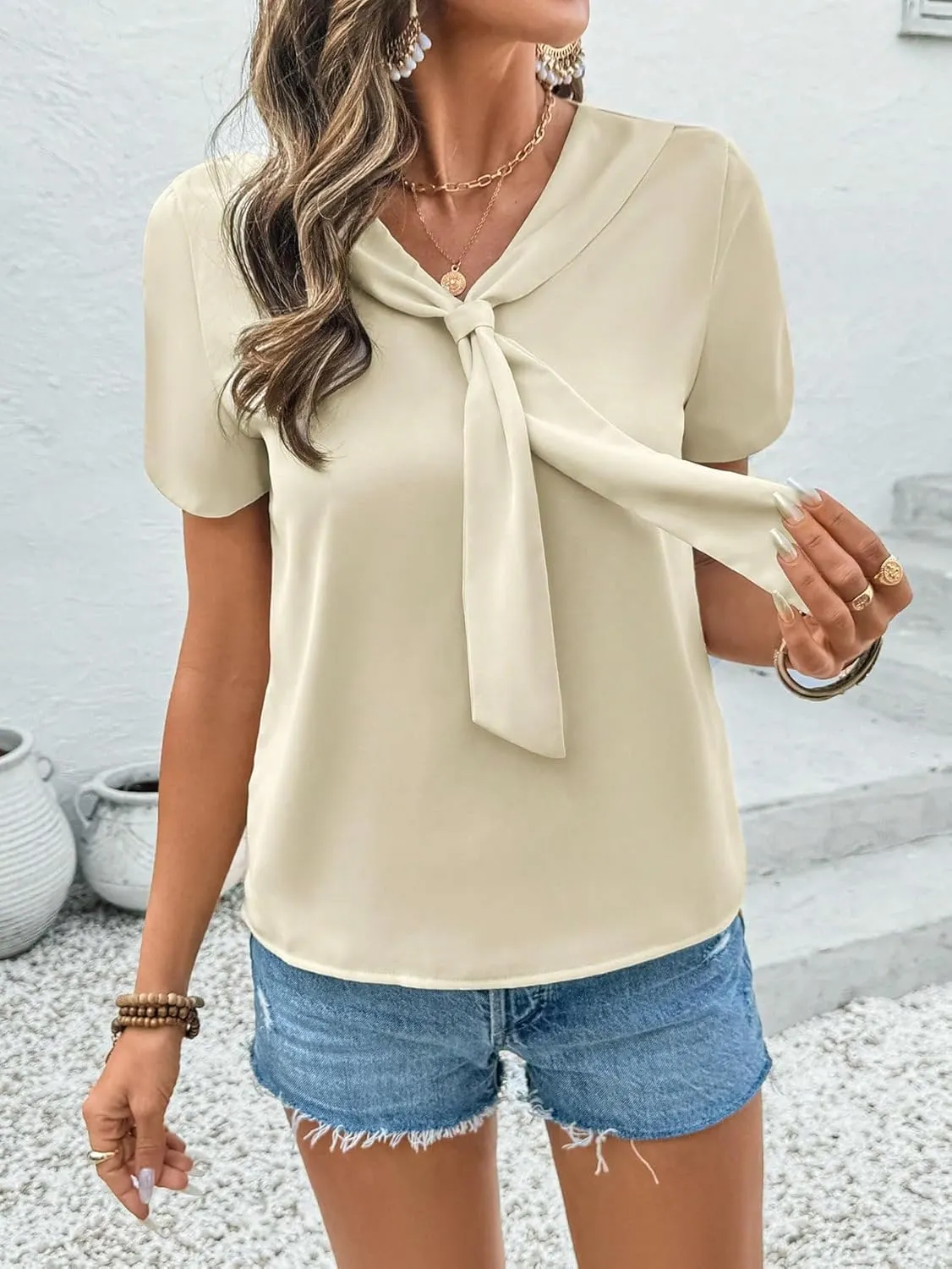 Women's Tie Neck Blouse Short Sleeve Top Elegant Pullover Shirt with Split Sleeves for Office Work Date