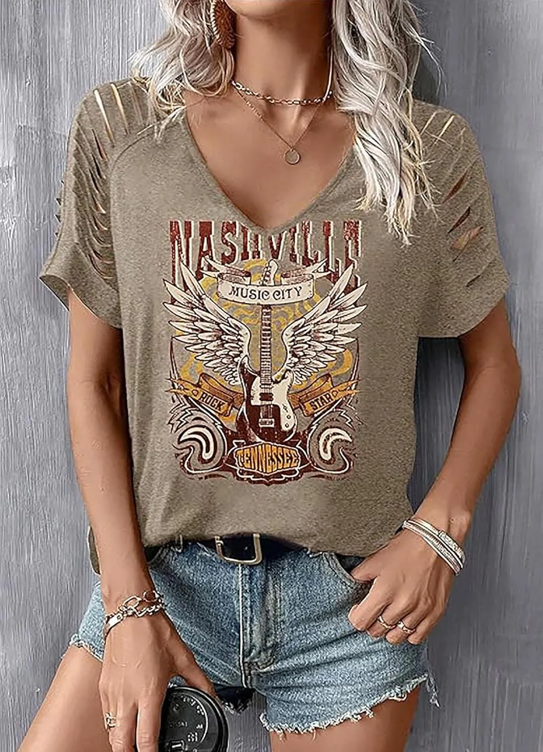 Women's Vintage Rock Band T-Shirt/Free Bird Eagle Graphic Tees/Country Concert Music Short Sleeve Shirts Tops