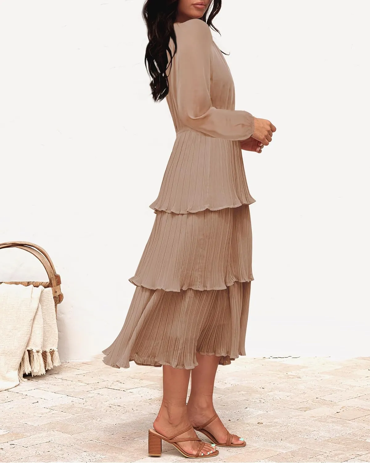 ZESICA Women's 2025 Long Sleeve Crew Neck Ruffle Tiered Layered Chiffon Flowy Swing 2025 Long Midi Dress