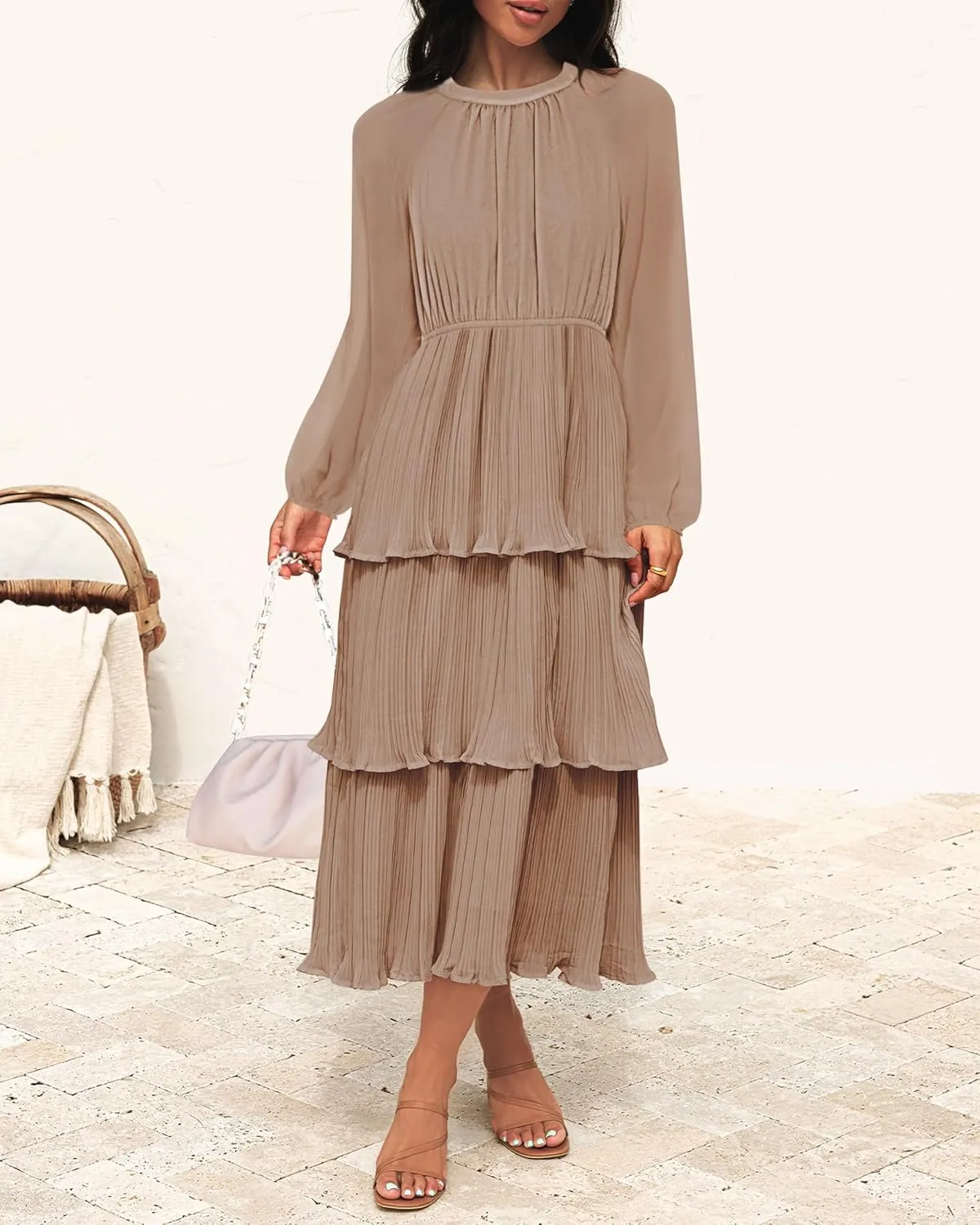 ZESICA Women's 2025 Long Sleeve Crew Neck Ruffle Tiered Layered Chiffon Flowy Swing 2025 Long Midi Dress