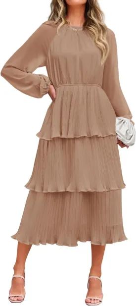 ZESICA Women's 2025 Long Sleeve Crew Neck Ruffle Tiered Layered Chiffon Flowy Swing 2025 Long Midi Dress